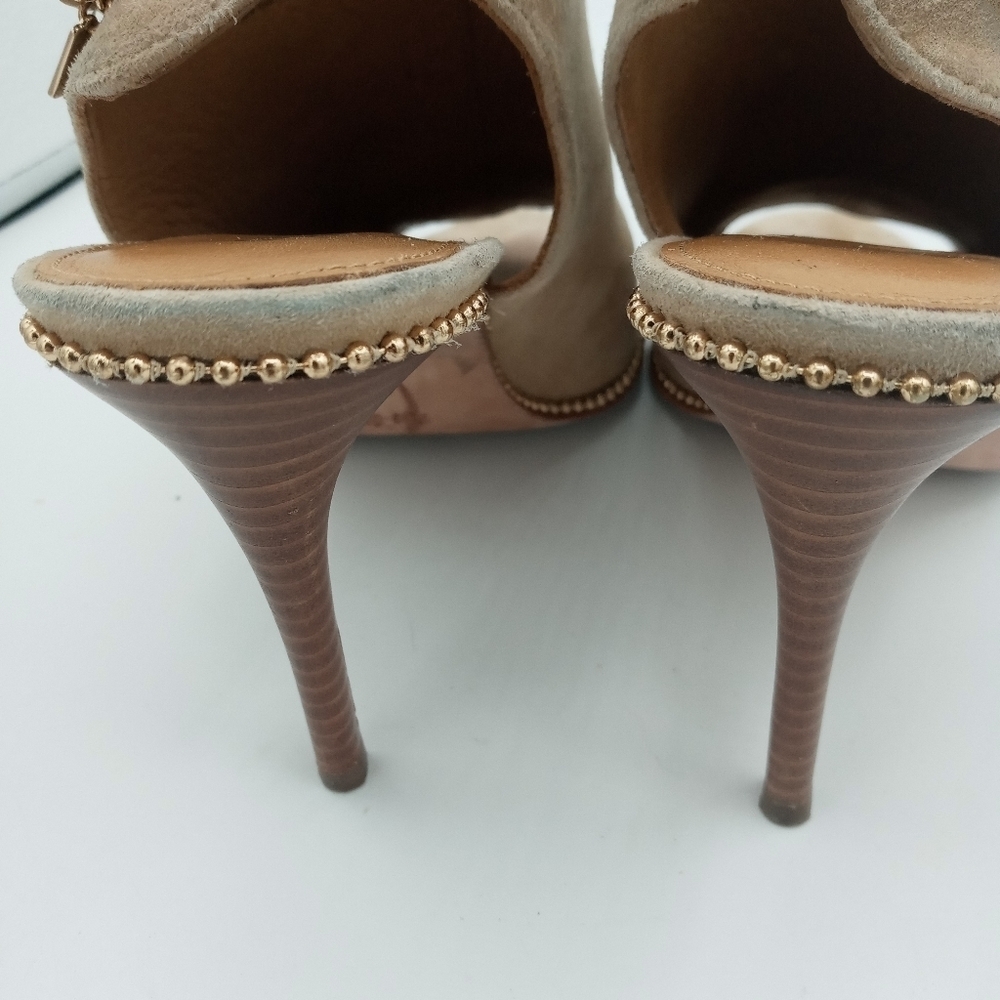 Coach Leather upper mule Stilettos Peep toe golden studded trim heel strap 9.5 - Picture 12 of 14
